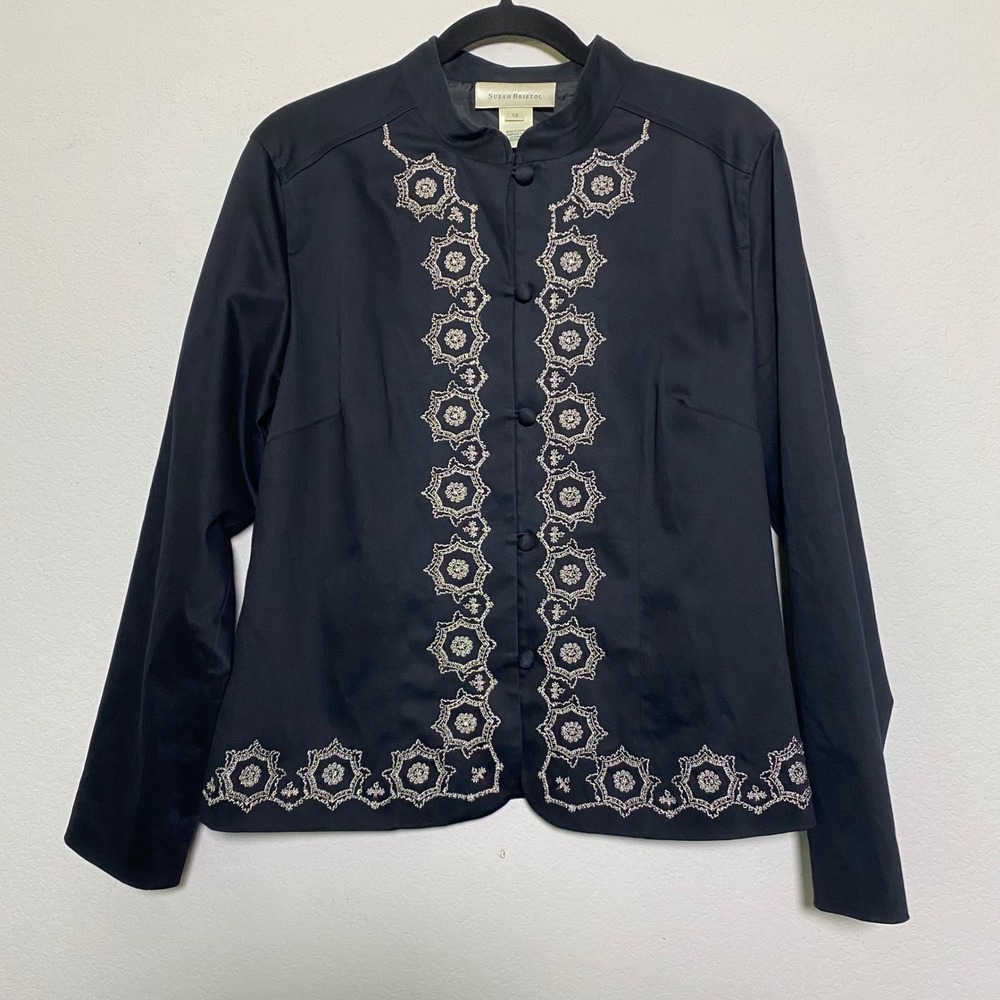 Susan Bristol Womens Jacket Size 12 Black Embellished Mandarin Collar Whimsigoth